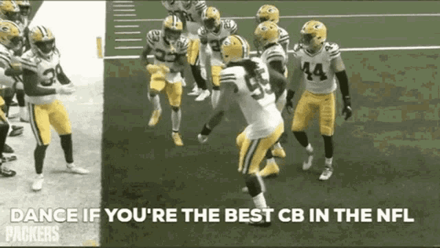 a group of football players are dancing on a field with the words `` dance if you are the best cb in the nfl ''