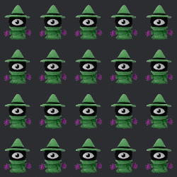 a row of green objects with black eyes and hats