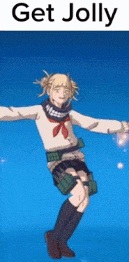 a girl in a school uniform is dancing with the words get jolly below her