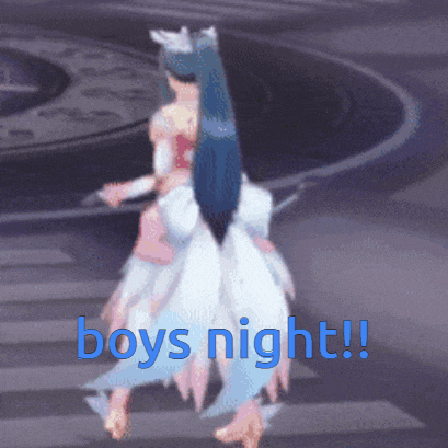 a girl in a white dress is crossing a street with the words boys night in blue letters