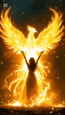 a woman is standing in front of a phoenix that is surrounded by fire .