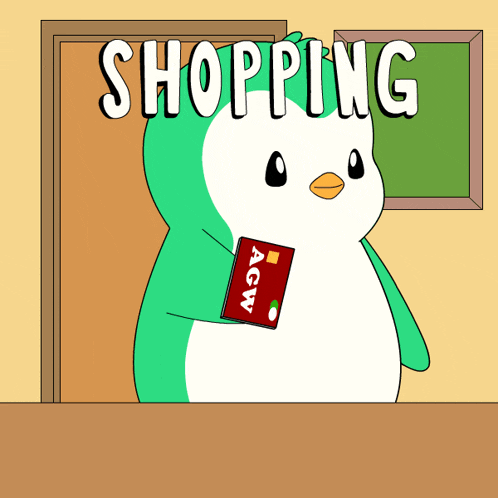 a penguin is holding a red agw card in front of a sign that says shopping