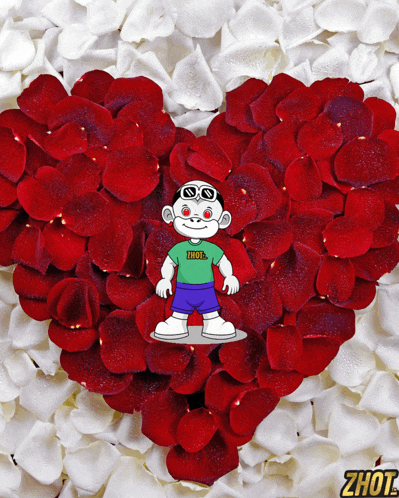 a heart made out of red and white rose petals with a monkey wearing a shirt that says zhot