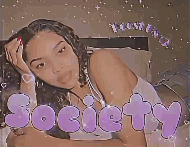a girl is laying on a bed with a purple background and the word society written on it .
