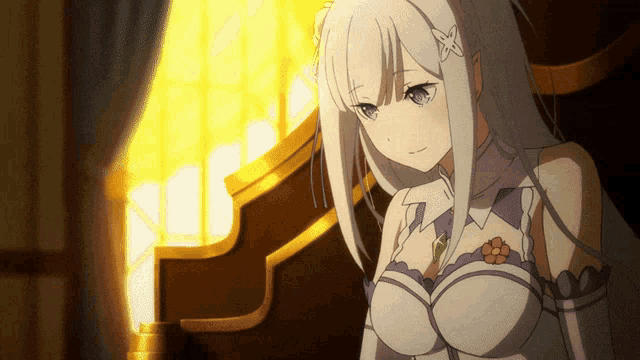 a girl with white hair and a flower on her chest
