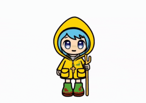 a cartoon of a girl wearing a yellow raincoat and holding a stick