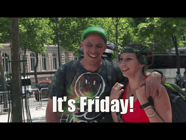 a man and a woman are posing for a picture with the words it 's friday below them