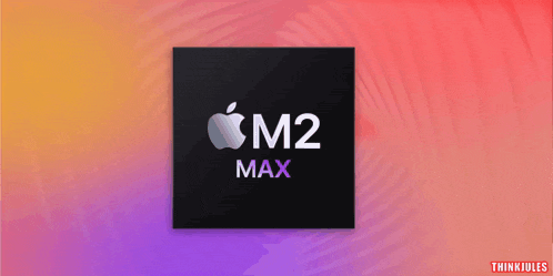an apple m2 max logo on a purple and pink background