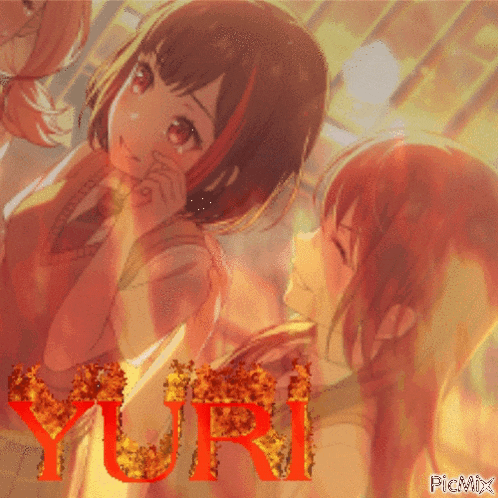 a picture of two anime girls with the name yuri written in red