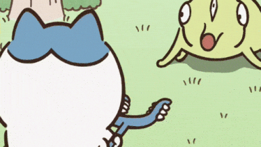 a cartoon drawing of a frog laying on the ground with trees in the background
