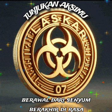 a gold coin with a biohazard symbol and the number 07