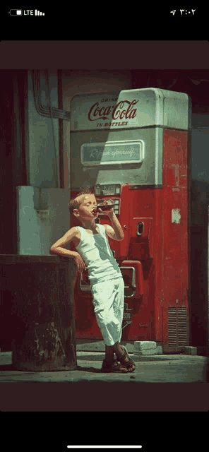 a young boy drinks from a coca cola machine