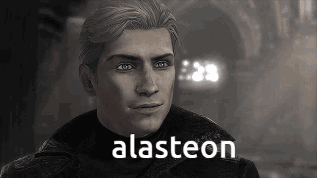 a black and white photo of a man with the word alasteon written on it