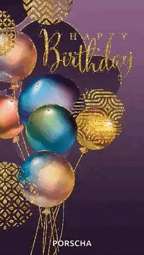 a bunch of colorful balloons on a purple background with the words `` happy birthday '' written in gold .
