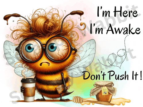 a bee with glasses holding a cup of coffee and a jar of honey