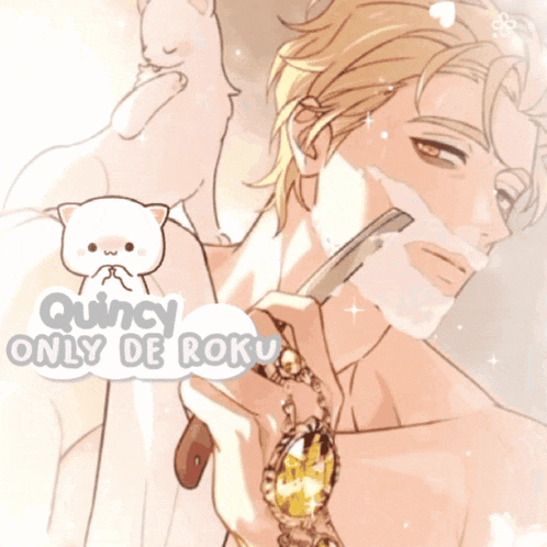 a man is shaving his face with a razor and the words quincy only de roku are below him