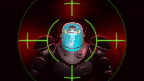 a cartoon character is being targeted by a sniper scope