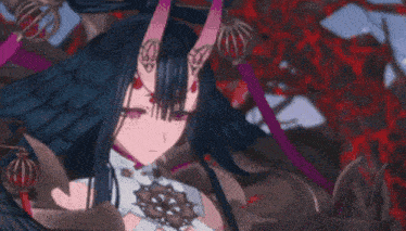 a girl with horns is surrounded by red flowers and leaves