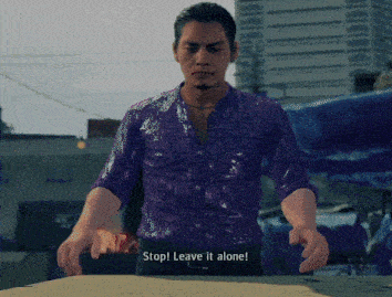 a man in a purple shirt says stop leave it alone in a video game