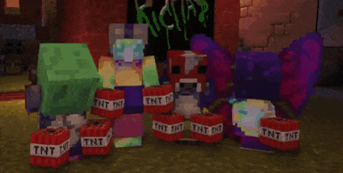 a group of minecraft characters are standing next to each other in a room in a video game .