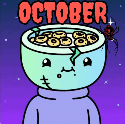 a cartoon drawing of a person with a bowl of donuts and the words october above it