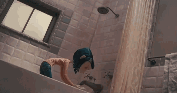 a cartoon character is taking a bath in a bathroom