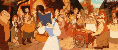 belle is reading a book in front of a crowd of people in a cartoon .