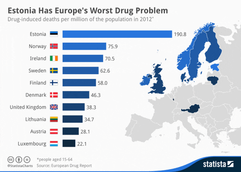 a map showing estonia has europe 's worst drug problem in 2012