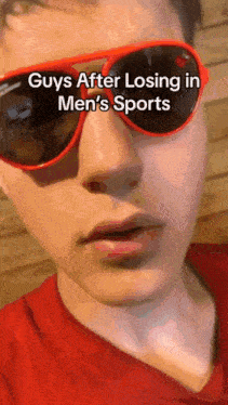 a close up of a person wearing sunglasses with the words guys after losing in men 's sports