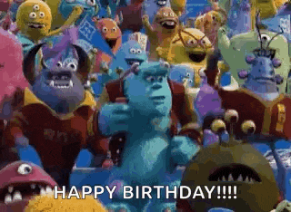 a bunch of monsters from monsters inc are dancing in a room and saying happy birthday .