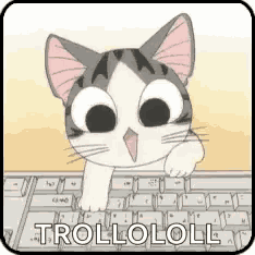 a cartoon cat is typing on a keyboard with the words trollo loll written below it .