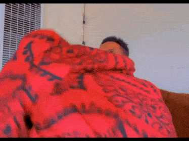 a man is laying on a couch with a red and black blanket