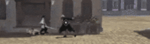 a person is holding a sword in front of a building in a video game while another person is standing in the background .