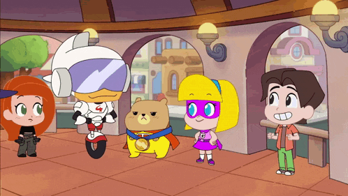 a group of cartoon characters are standing next to each other in a hallway