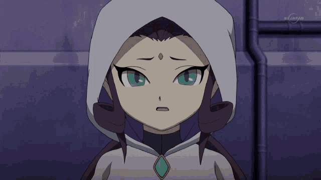 a cartoon character with a white hood and a tv channel displayed