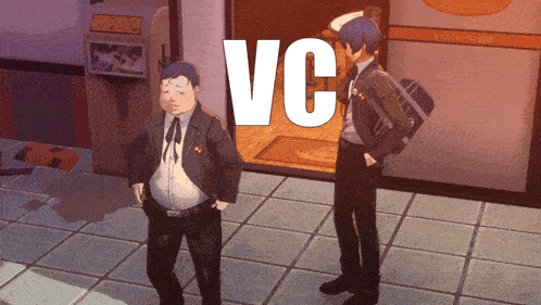 two men are standing in front of a building with the word vc on it