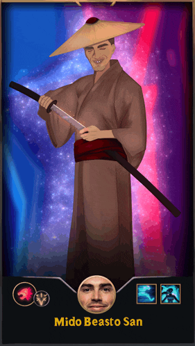a man in a kimono is holding a sword and the name mido beasto san is below him
