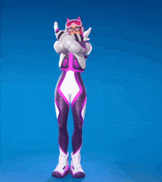 a cartoon character in a purple and white suit with a paw print on the chest