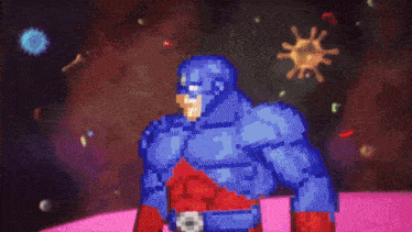 a pixel art of a superhero holding a star in his hands