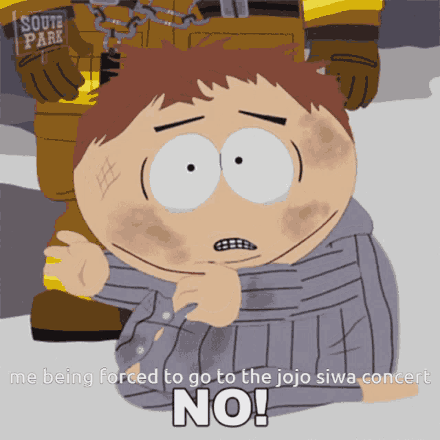 a cartoon character from south park is being forced to go to the jojo suwa concert