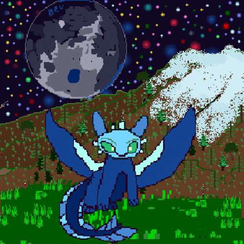 a pixel art drawing of a dragon with a full moon behind it