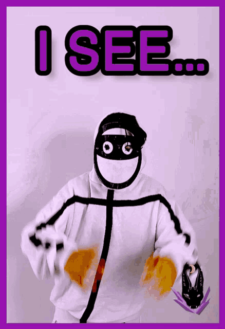 a stick figure is wearing a white hoodie and a mask and says i see