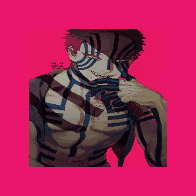 a pixel art drawing of a man with red hair and blue stripes on his chest