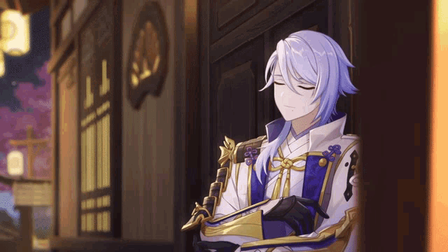 a man with white hair and a sword is leaning against a wall with his eyes closed