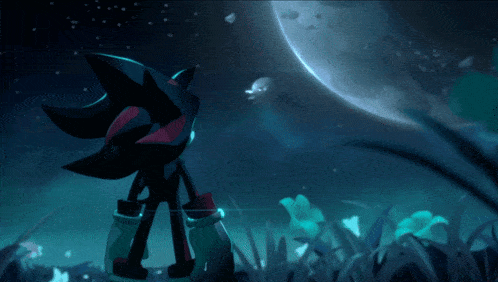 shadow the hedgehog is standing in front of a moon