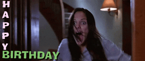 a woman with a surprised look on her face and the words happy birthday below her
