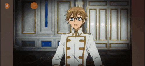 a man wearing glasses and a white and gold uniform stands in front of a door