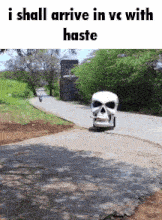 a skull is sitting on the side of a road