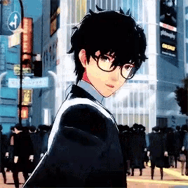 a man in a suit and glasses is standing in a crowded street