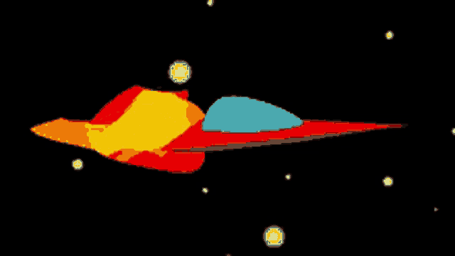 a pixel art drawing of a space ship flying through the space